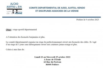 23/10/2023 - Stage de la Toussaint : 1 ou 3 jours de Perfectionnement Judo