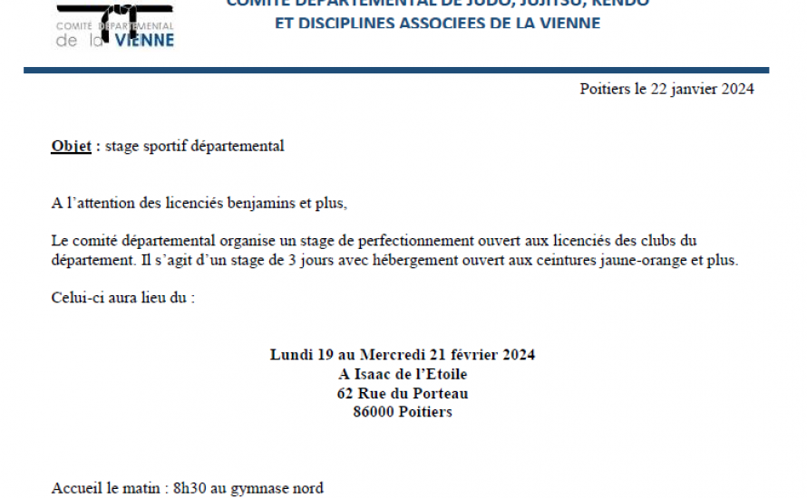 19/02/2024 - Stage d'hiver : 1 ou 3 jours de Perfectionnement Judo